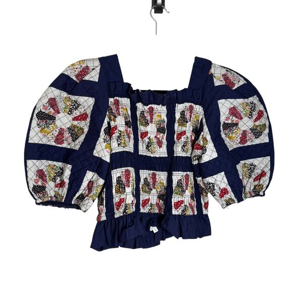 Sea New York Pippin Patchwork Top Puff Sleeve Ruched Open Back 6 Cottagecore - Picture 4 of 9